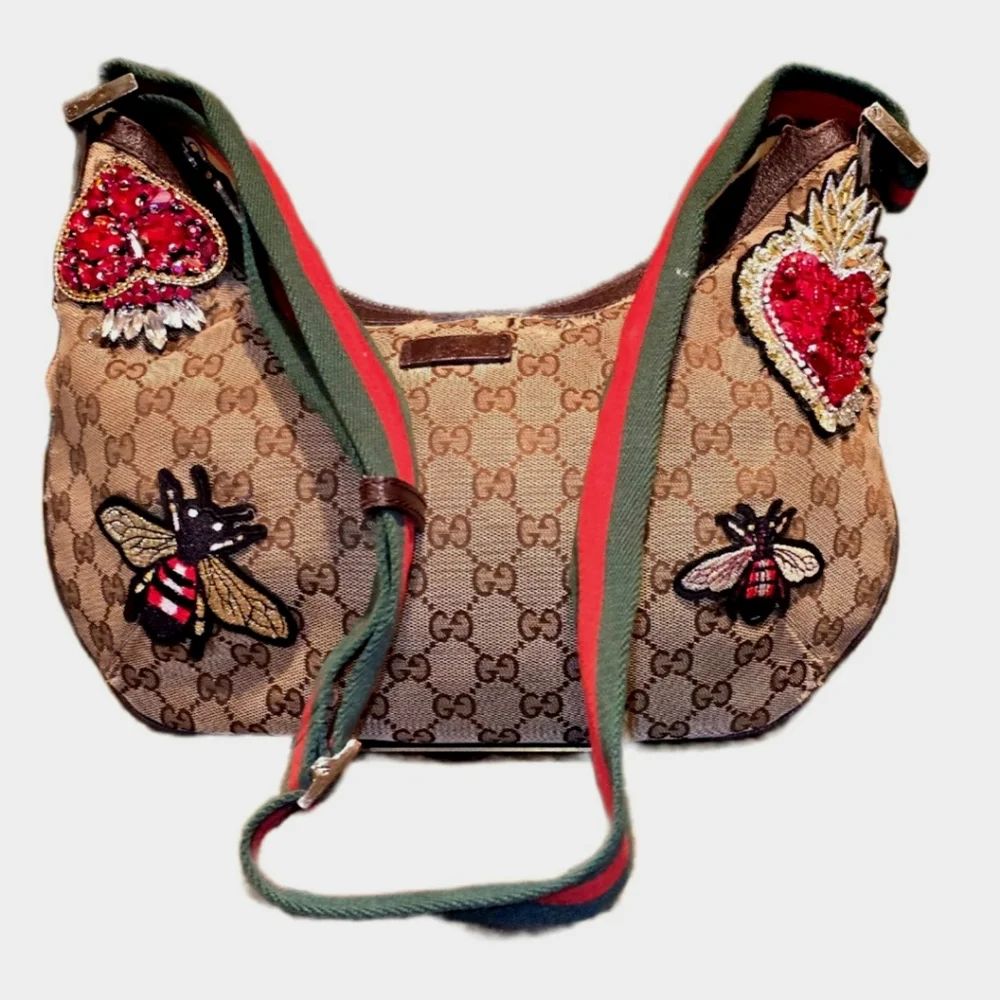 Auth. GUCCI Iconic Sherry Line GG Web Canvas Shoulder Bag W/Bee Applique - Picture 2 of 11